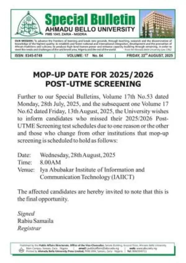 ABU Zaria post UTME mop-up screening, 2025/2026
