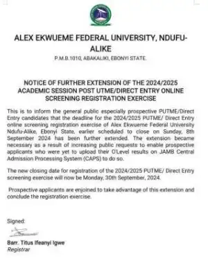 FUNAI extends Post UTME/DE registration deadline, 2024/2025