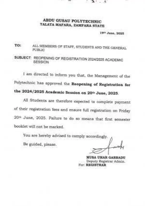 Abdu Gusau Polytechnic notice on reopening of registration, 2024/2025