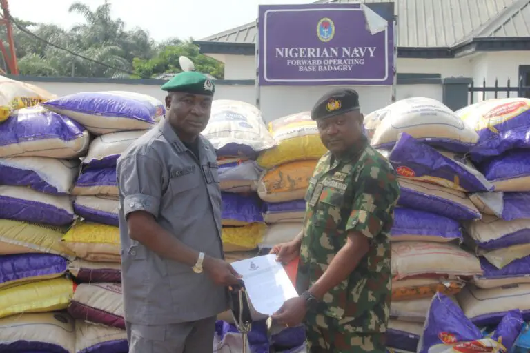 Navy hands over 109 bags of rice to Seme Customs