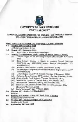 UNIPORT releases approved academic calendar, 2024/2025