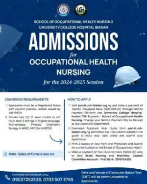 UCH Ibadan Admission for Occupational Health Nursing Programme, 2024/2025