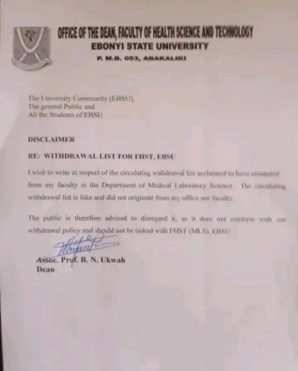 EBSU Dean of Faculty of Health Sciences and Tech. disclaims fake withdrawal list