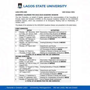 LASU academic calendar for 2024/2025 session