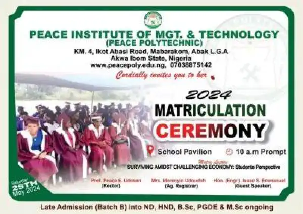 Peace Institute of Management and Technology announces 2024 Matriculation Ceremony