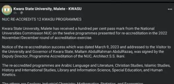 KWASU gets accreditation for 12 progrmmes