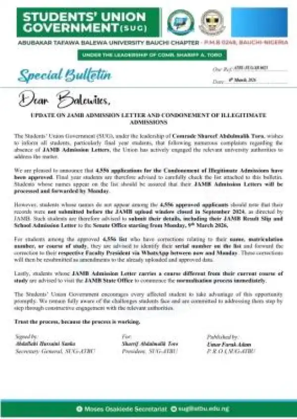 ATBU SUG update to students on JAMB Admission letter & Condonement of Illegitimate Admissions