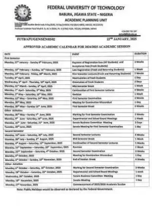 FUTB releases approved academic calendar, 2024/2025