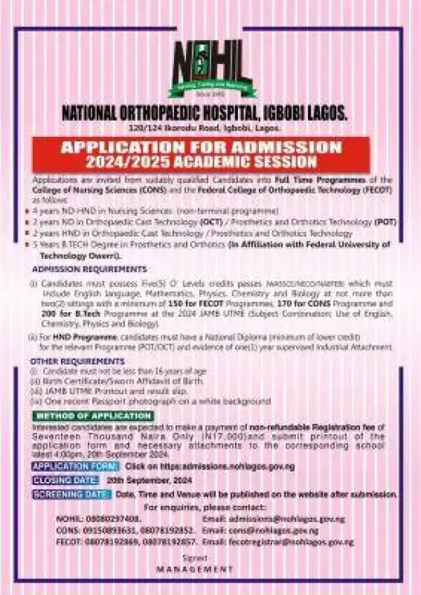 National Orthopedic Hosp. Igbobi, Lagos releases admission form, 2024/2025