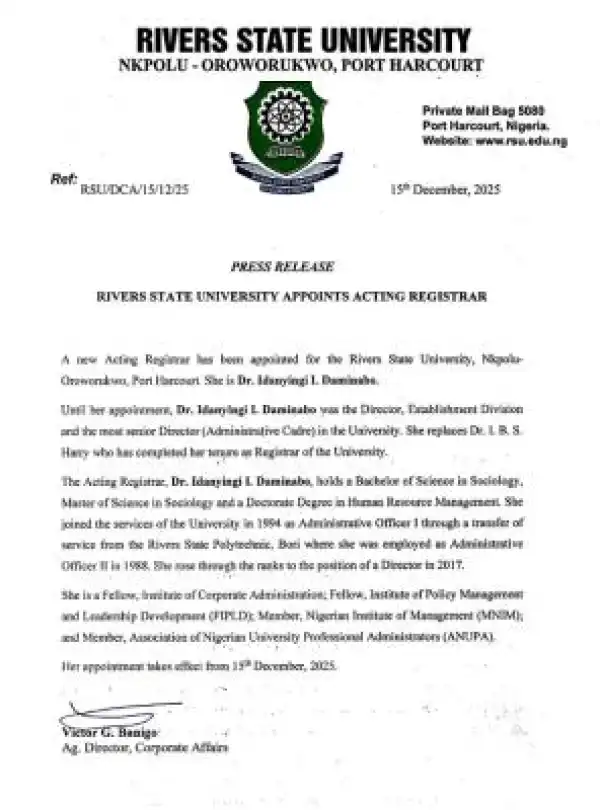 RSUST appoints Acting Registrar