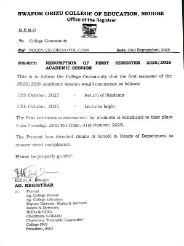 Nwafor Orizu COE notice on first semester resumption, 2025/2026