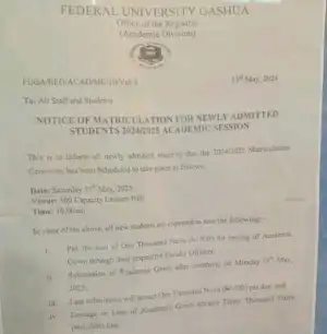 FUGASHUA announces Matriculation ceremony, 2024/2025