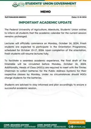 FUNAAB update on academic calendar