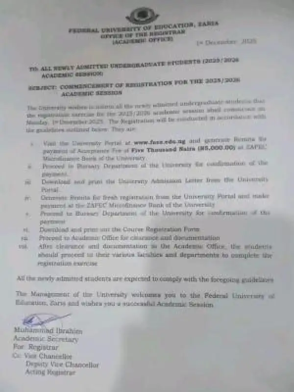 Federal University of Education, Zaria announces registration for new students, 2025/2026