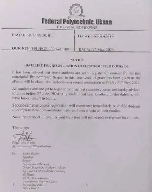 Fed Poly Ukana notice on deadline for registration of first semester courses