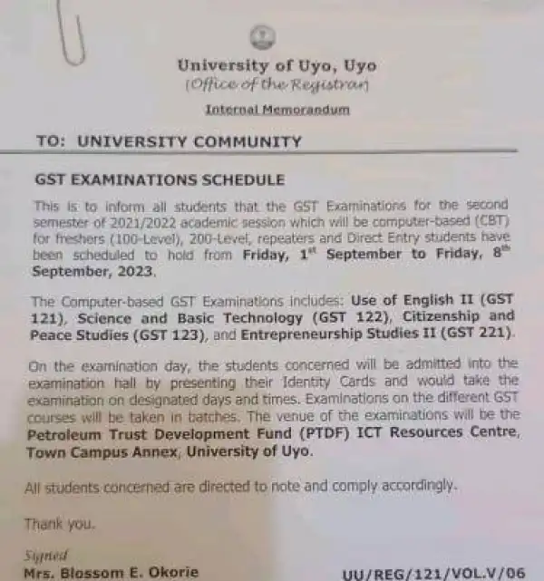 University of Uyo notice on GST examinations schedule, 2021/2022