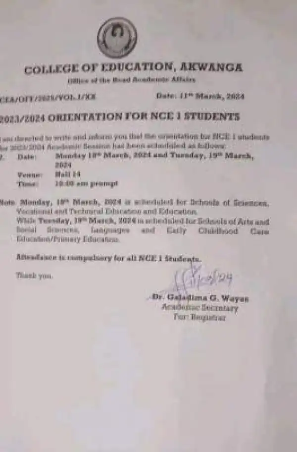 College of Education Akwanga orientation and Matriculation Ceremony