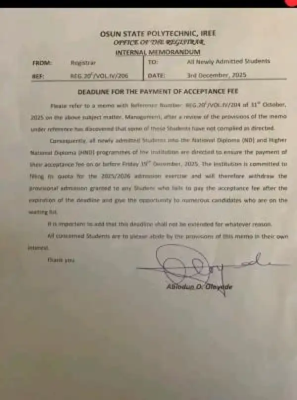 OSPOLY announces deadline for acceptance fee payment