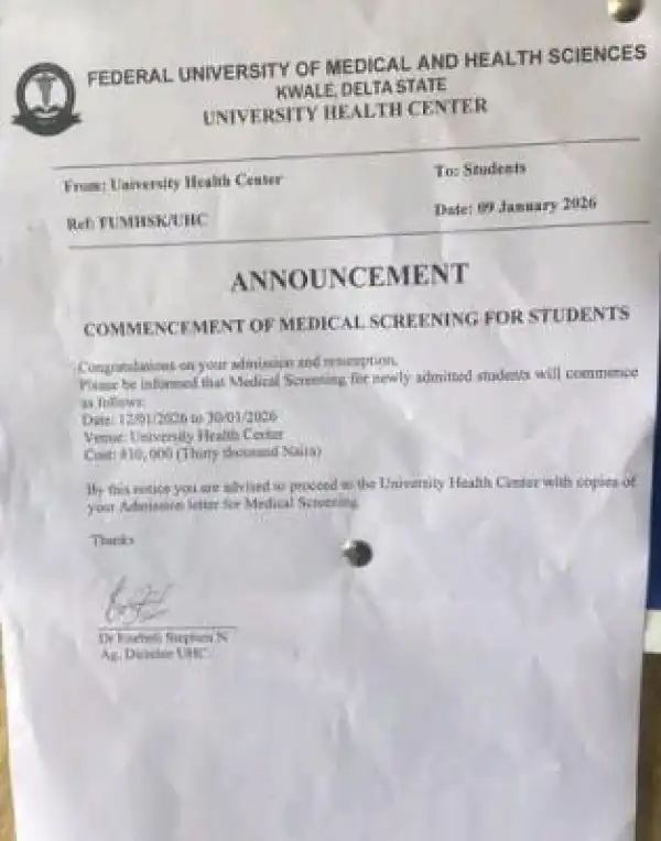 FUMHSK to commence medical screening for newly admitted students