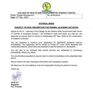 College of Health & Environmental Sciences, Funtua issues important notice to students