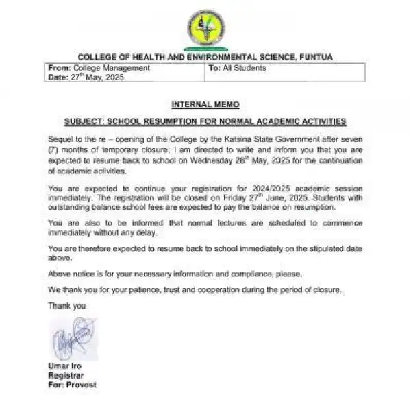 College of Health & Environmental Sciences, Funtua issues important notice to students