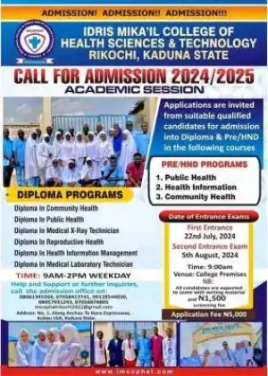 Idris mikail collage of health science & Tech releases admission form, 2024/2025