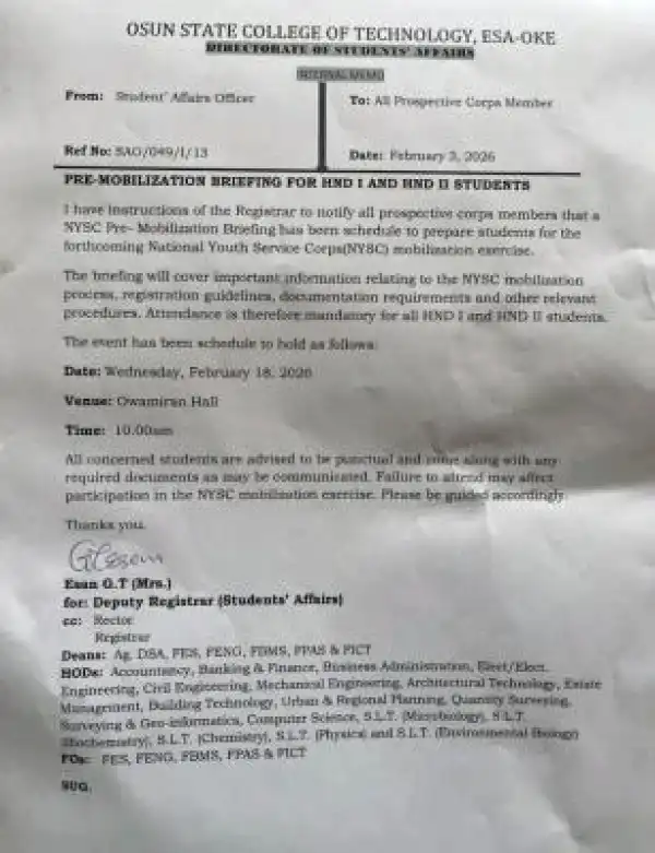 OSCOTECH schedules NYSC Pre-mobilization Briefing for HND Students