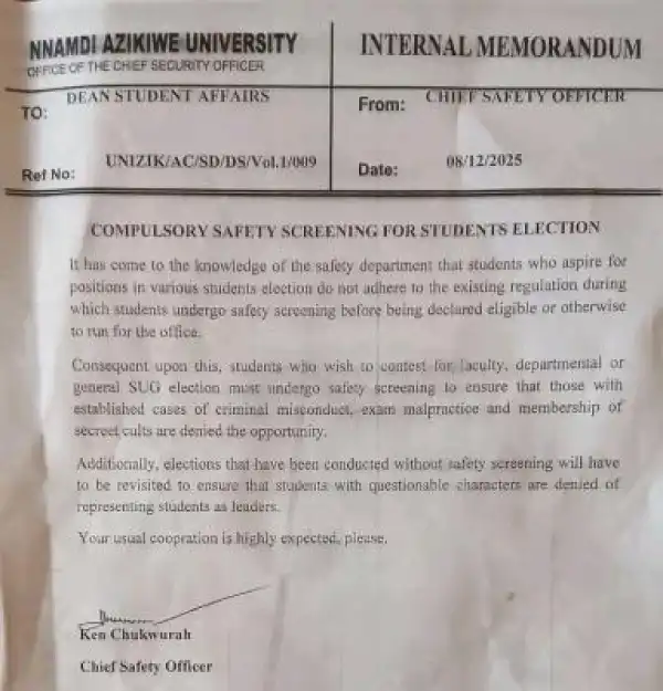 UNIZIK announces compulsory safety screening for students