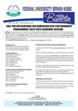 FUBK announces Postgraduate admission form, 2024/2025