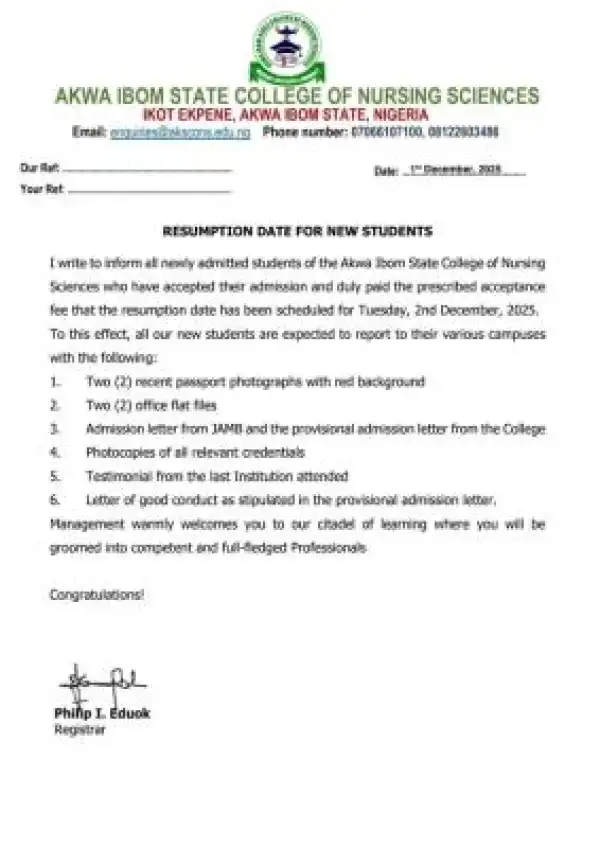 Akwa Ibom State College of Nursing Science resumption date for newly admitted students