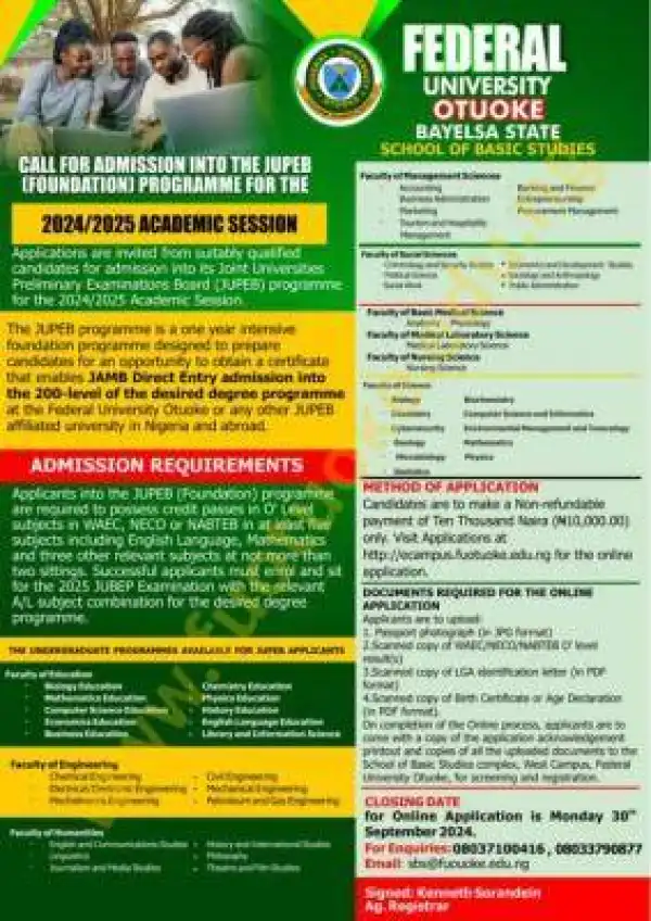 FUOTUOKE Admission into JUPEB programme,2024/2025