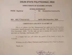 Osun State Polytechnic notice of Christmas and New Year break