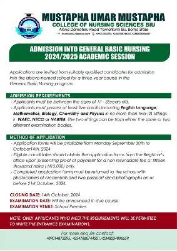 Mustapha Umar College of Nursing Sciences, Borno releases Basic Nursing form, 2024/2025