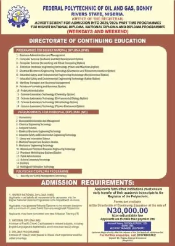Federal Polytechnic of Oil and Gas, Bonny part-time programme admission, 2025/2026