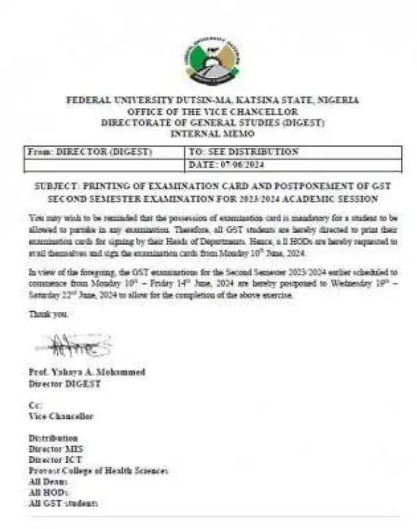 FUDMA notice on examination card and postponement of GST exams