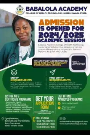 Babalola Academy College of Health Technology admission for 2024/2025 session