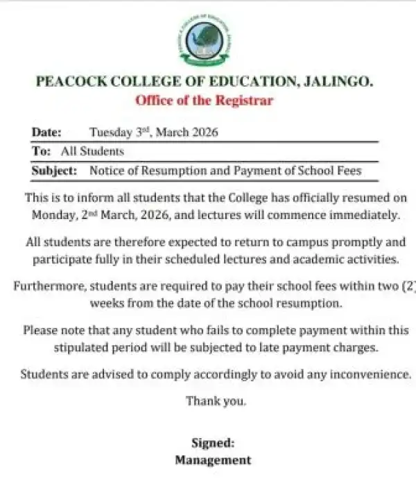 Peacock College of Education, Jalingo announces resumption, urges students to pay fees within 2 weeks