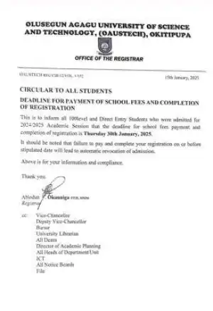 OAUSTECH deadline for payment of school fees & completion of registration, 2024/2025