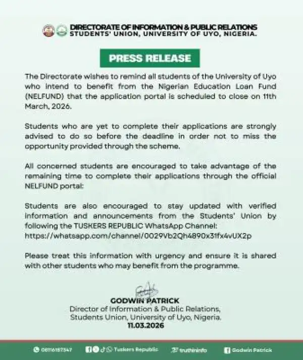 UNIUYO SUG notice on NELFUND application deadline
