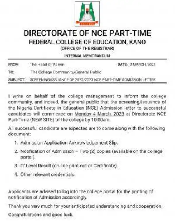 FCE Kano notice to NCE Part-time on issuance & collection of admission letters