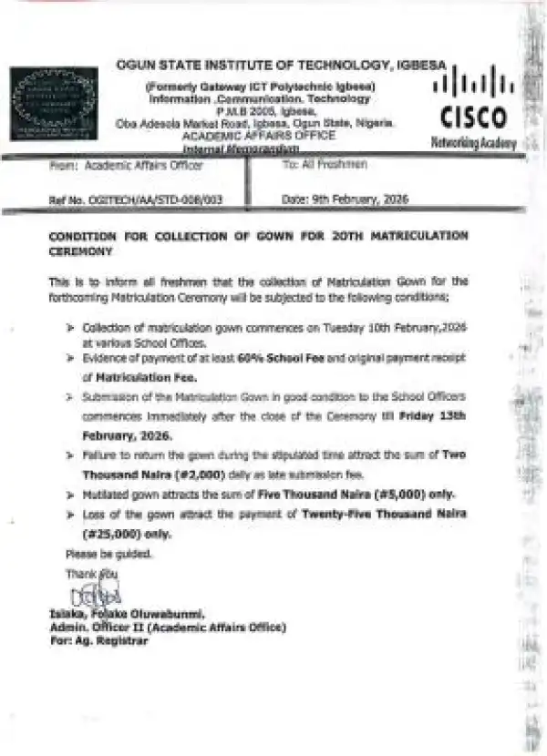 OGITECH notice on condition for collection of matriculation gowns for the 20th Matriculation Ceremony
