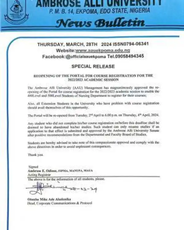 AAU notice on reopening of portal for course registration, 2022/2023