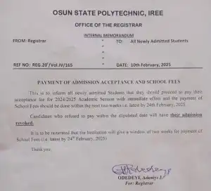 OSPOLY notice to new students on deadline for payment of acceptance fees & school fees, 2024/2025