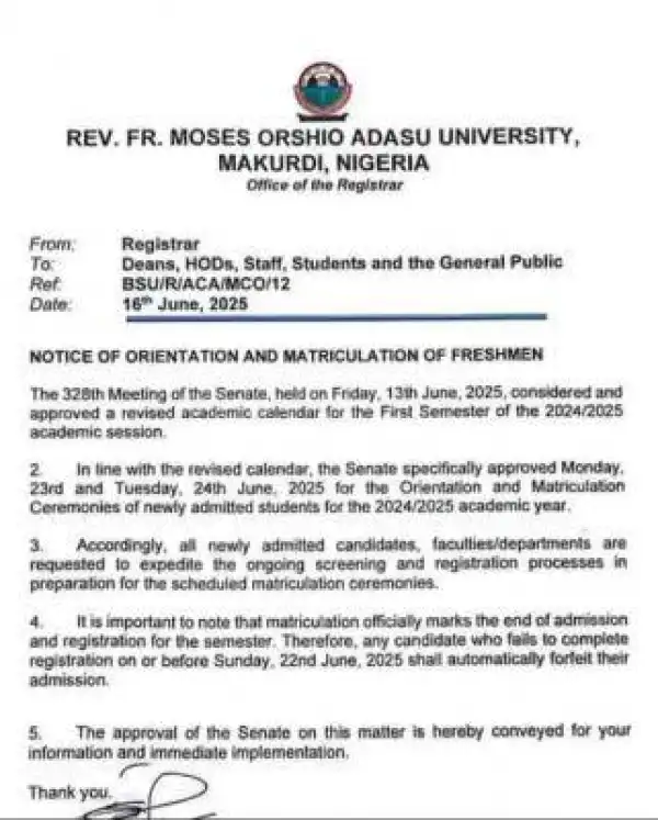 BSU notice on orientation/matriculation of freshmen, 2024/2025