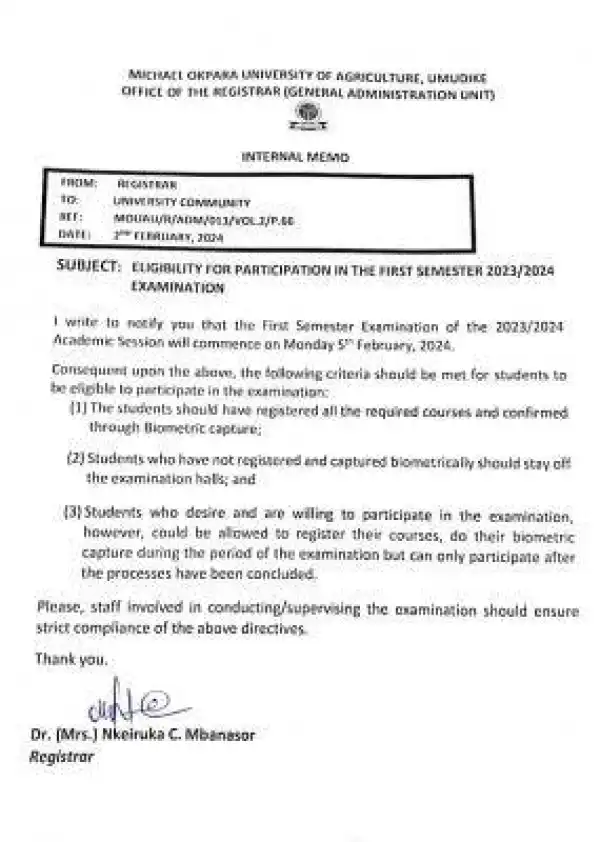 MOUAU eligibility for participation in 1st semester exam, 2023/2024