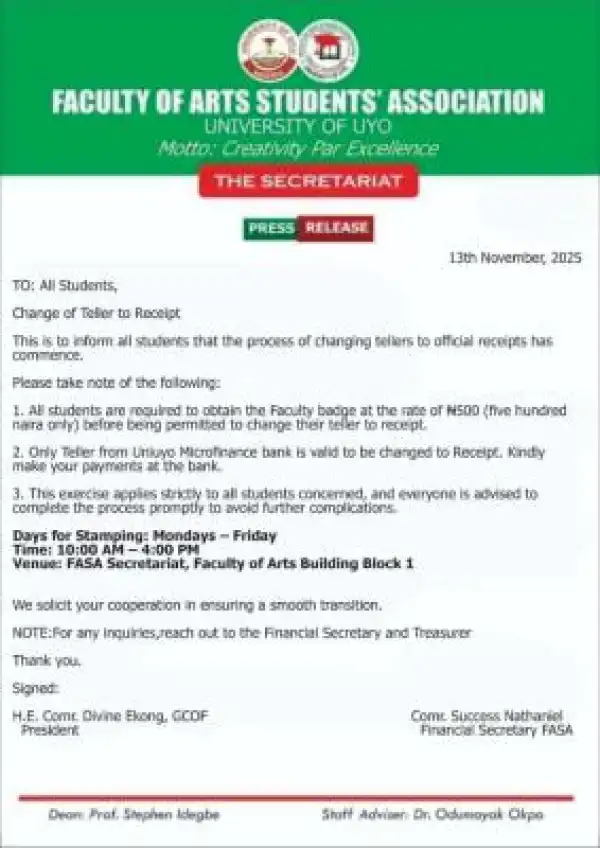 UNIUYO Faculty of Arts begins teller to receipt conversion