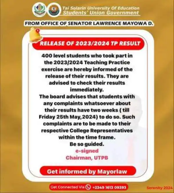 TASUED SUG notice on release of 2023/2024 TP Result