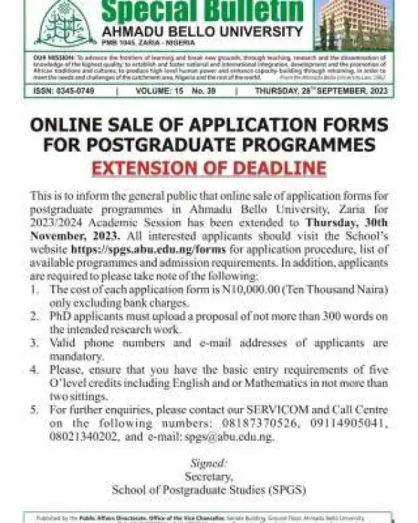 ABU notice on extension of postgraduate admission forms, 2023/2024