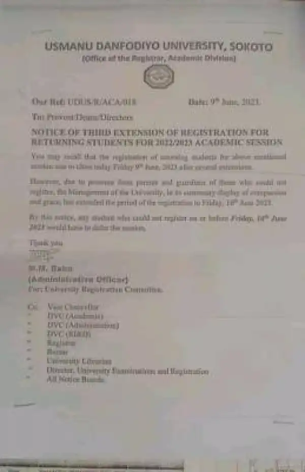 UDUS extends registration deadline for returning students, 2022/2023