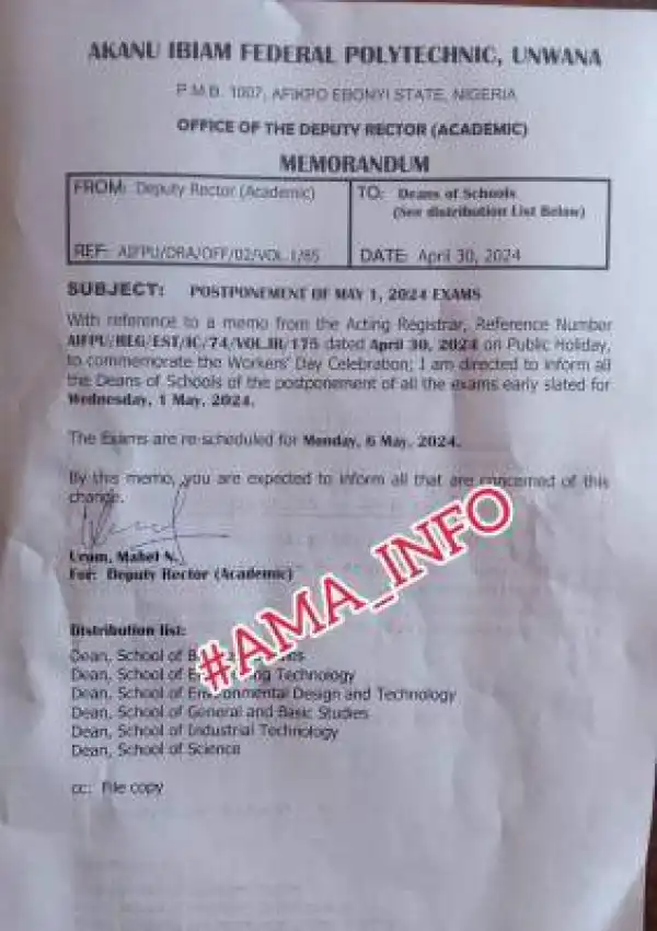 Akanu Ibiam Federal Poly reschedules May 1st exams